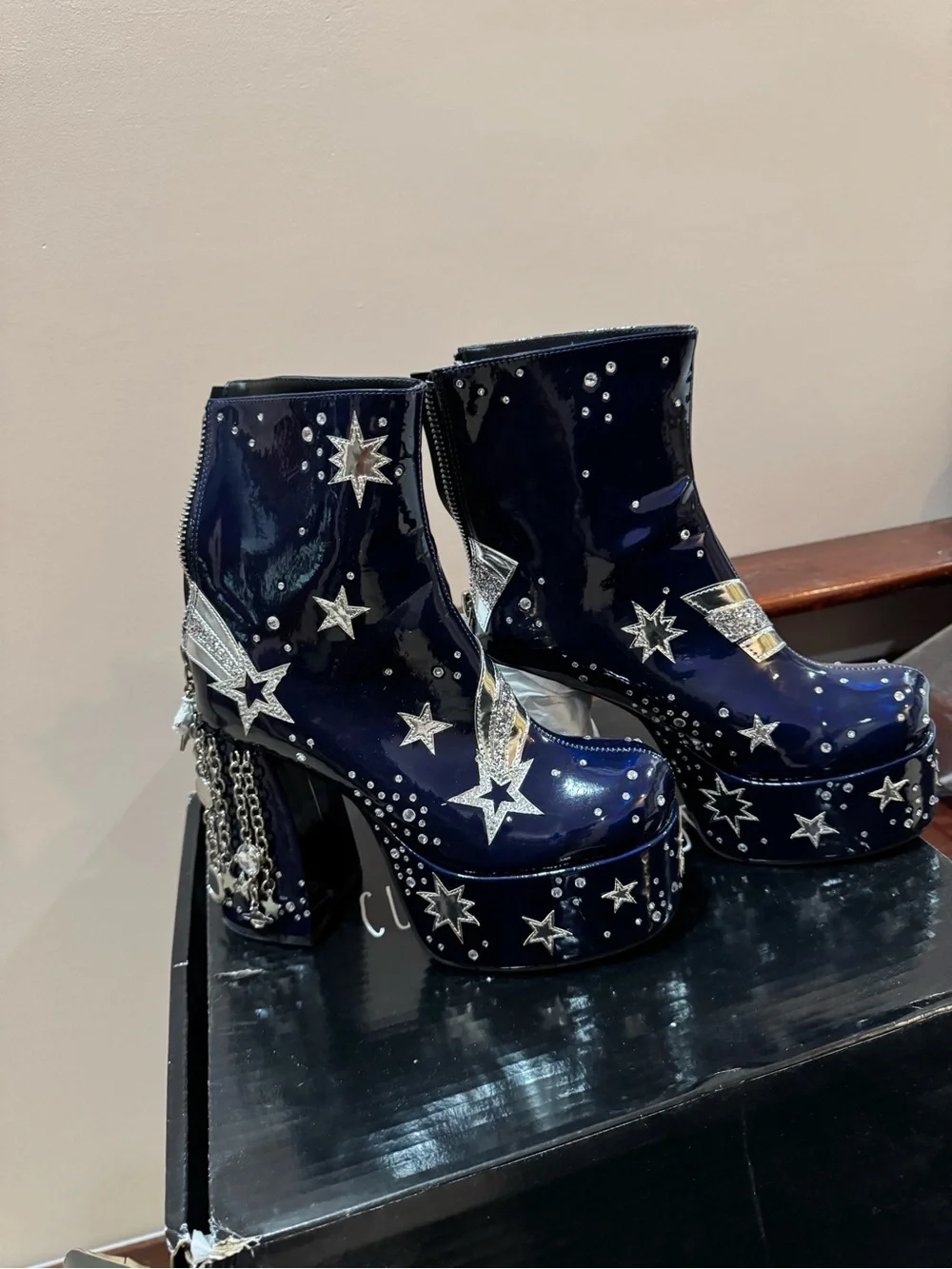 NWT Current Mood Navy Patent Platform Star-Embellished Ankle Boots